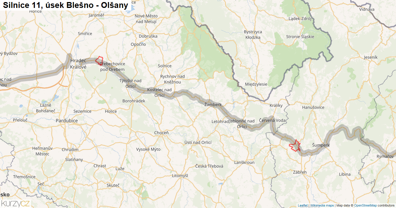 Úsek Blešno - Olšany, Silnice 11 - Mapa