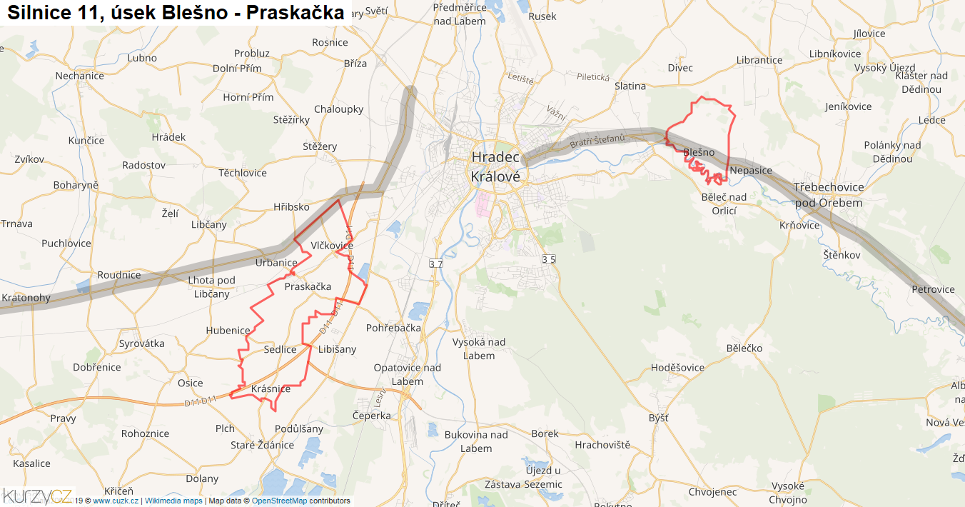 Úsek Blešno - Praskačka, Silnice 11 - Mapa