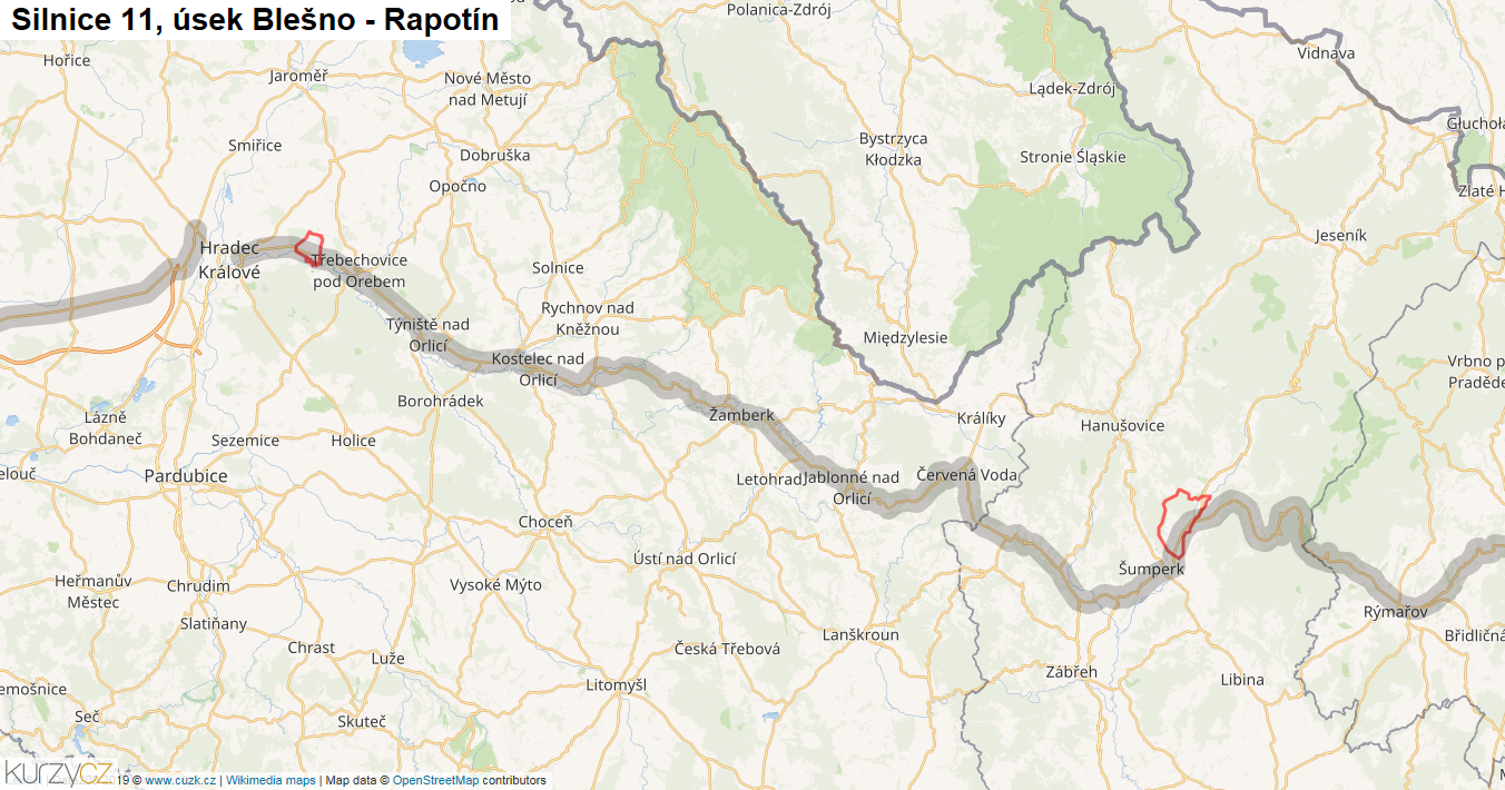 Úsek Blešno - Rapotín, Silnice 11 - Mapa