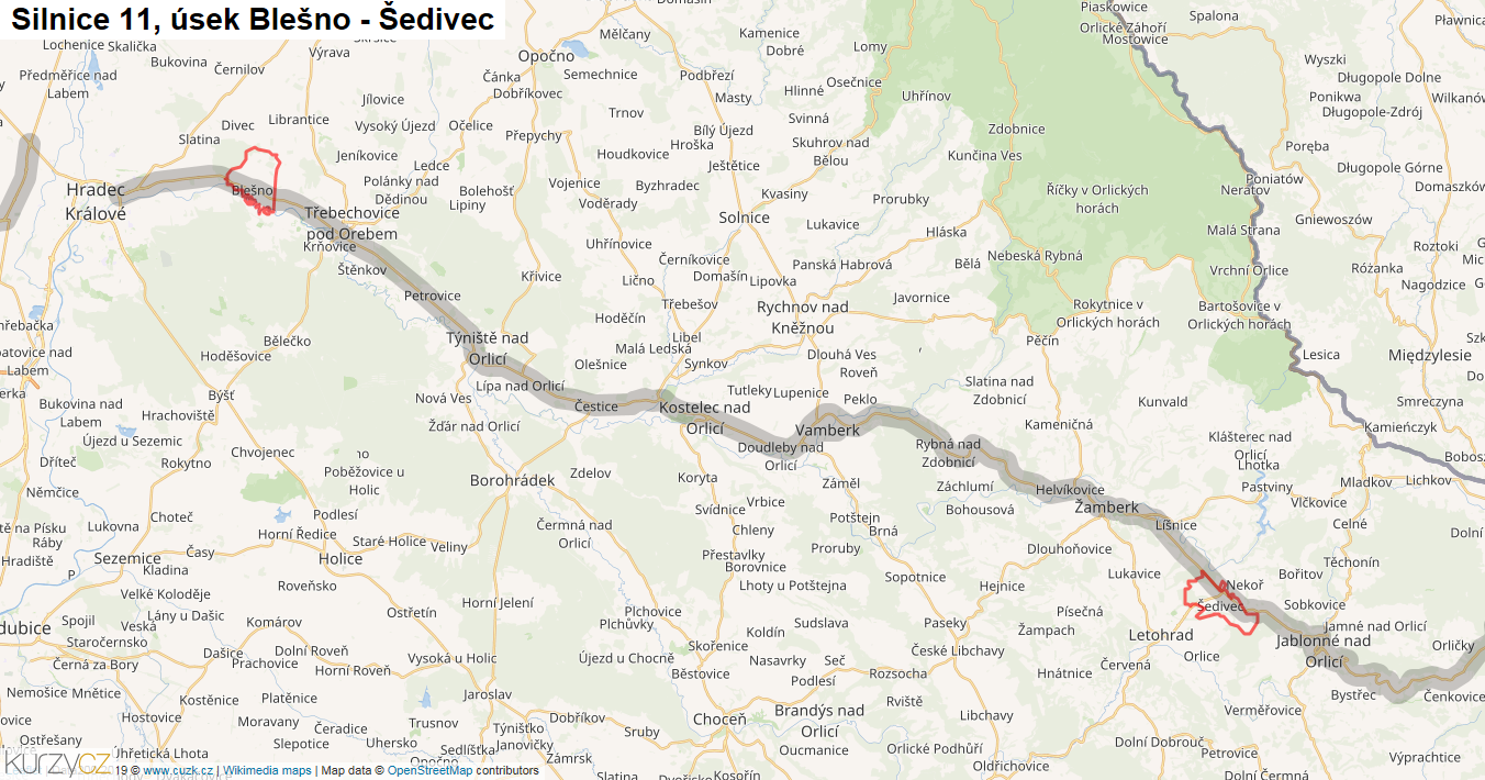 Úsek Blešno - Šedivec, Silnice 11 - Mapa