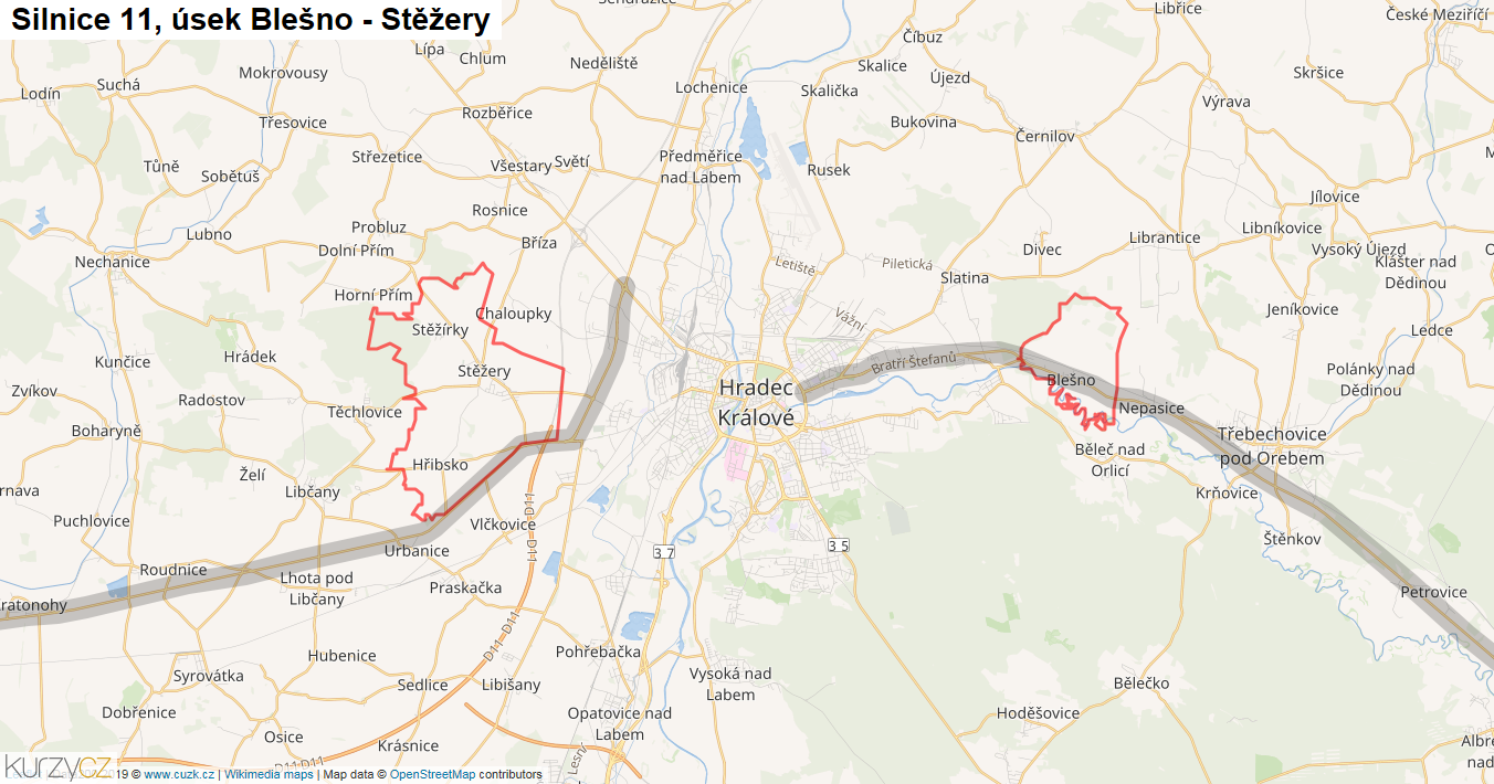 Úsek Blešno - Stěžery, Silnice 11 - Mapa