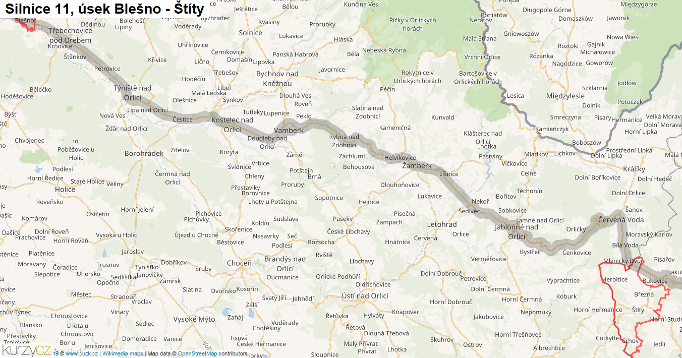 Úsek Blešno - Štíty, Silnice 11 - Mapa