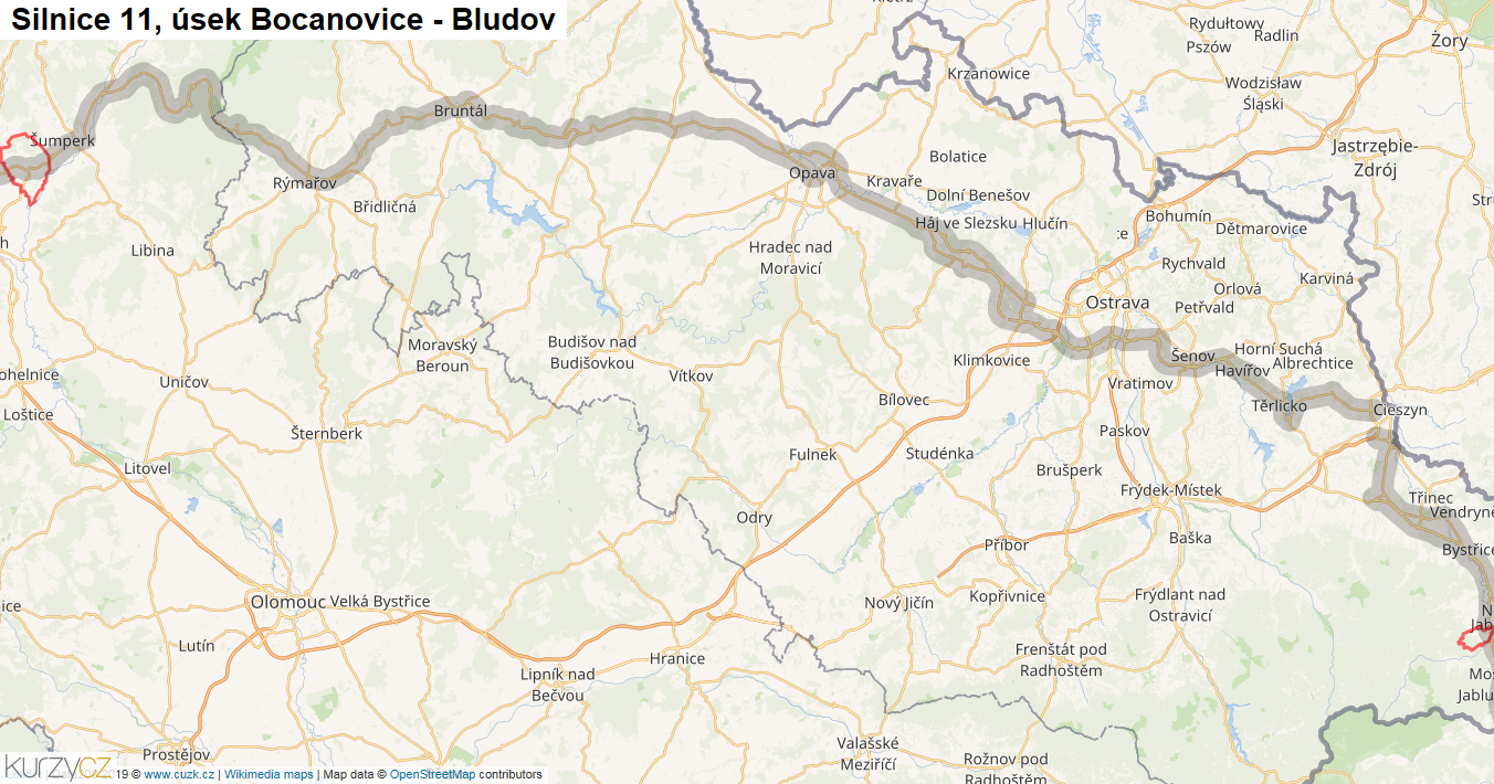 Úsek Bocanovice - Bludov, Silnice 11 - Mapa