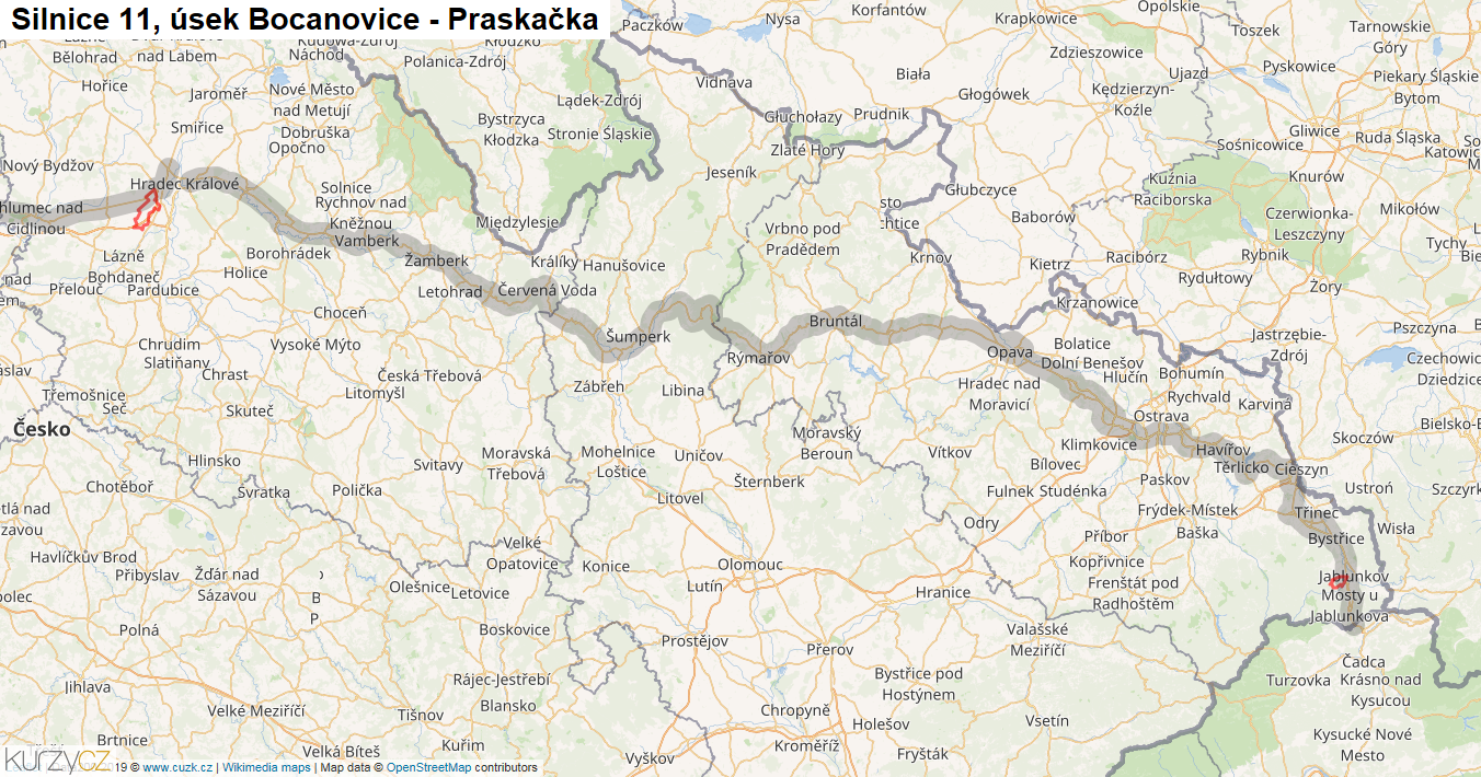 Úsek Bocanovice - Praskačka, Silnice 11 - Mapa