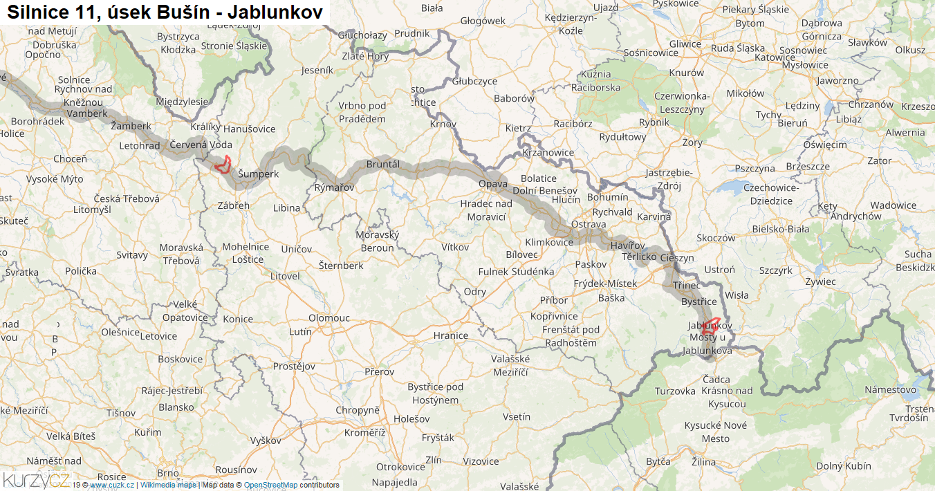 Úsek Bušín - Jablunkov, Silnice 11 - Mapa