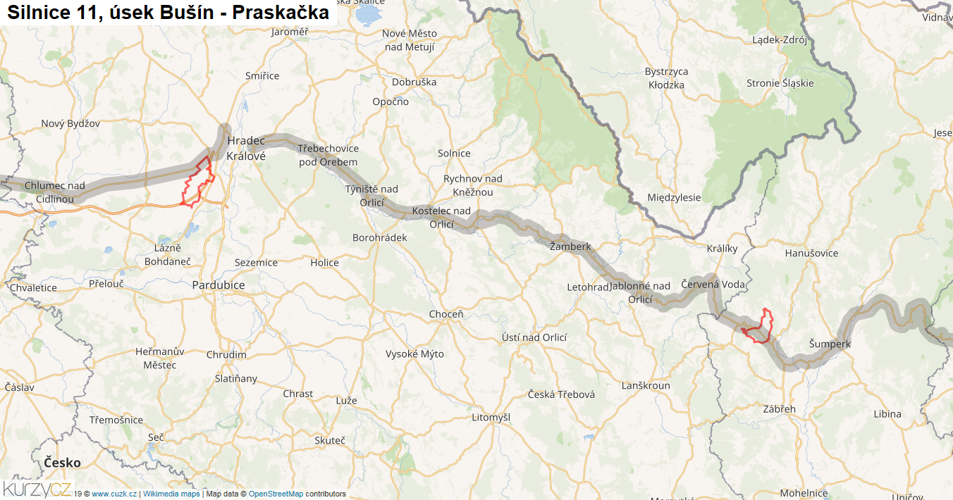 Úsek Bušín - Praskačka, Silnice 11 - Mapa