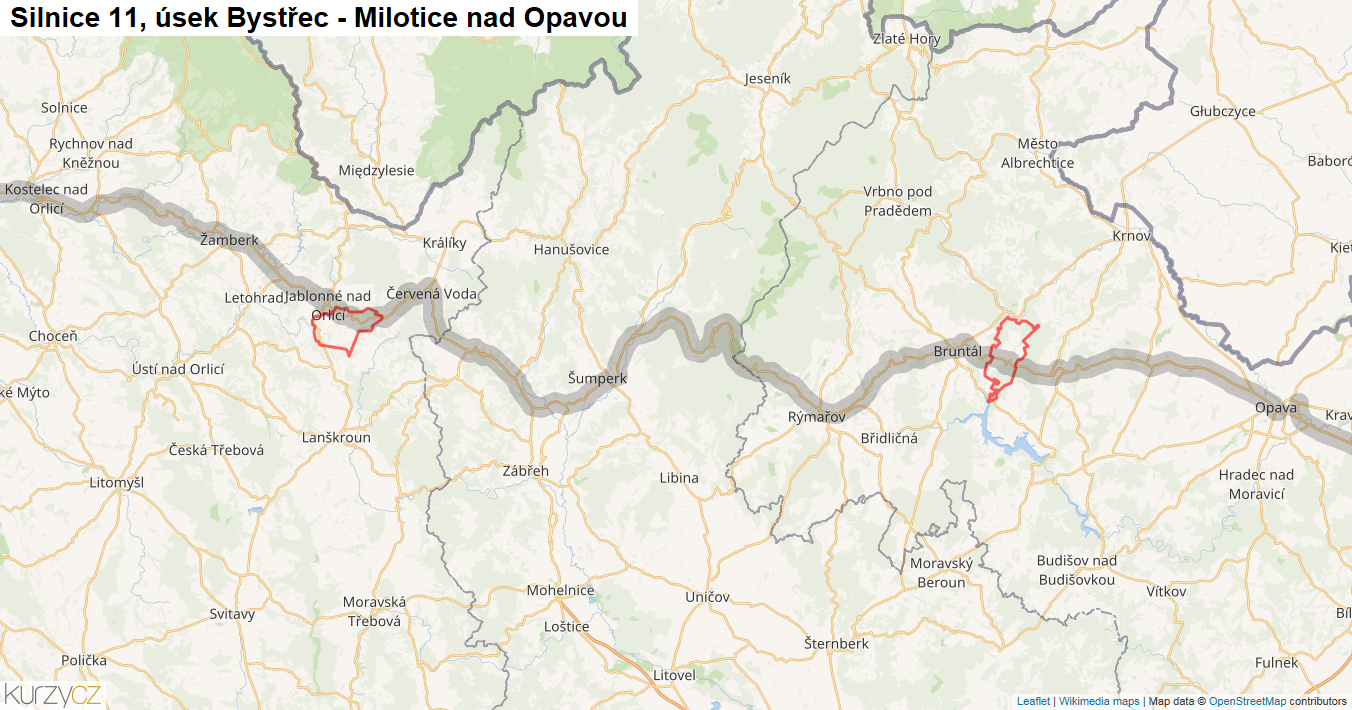 Úsek Bystřec - Milotice nad Opavou, Silnice 11 - Mapa