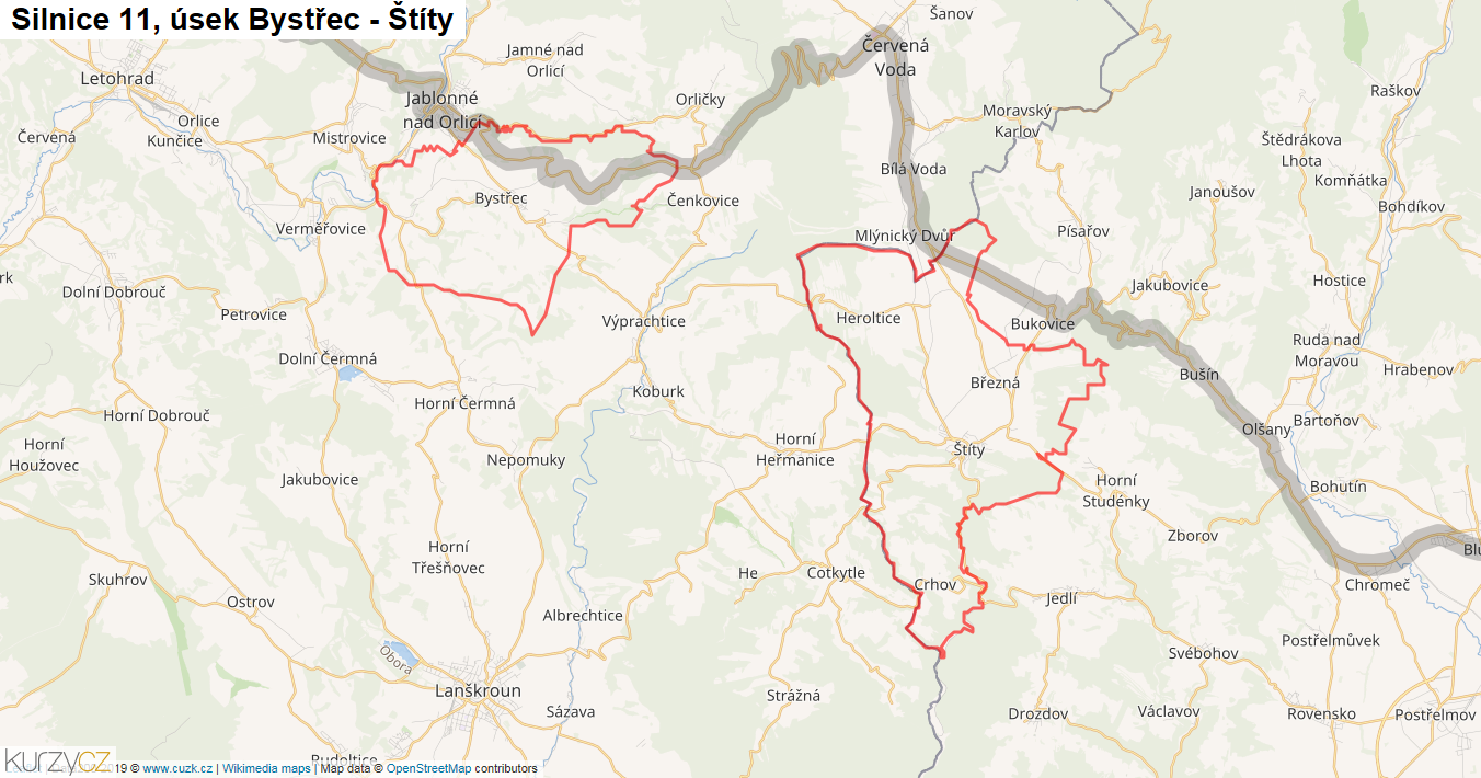 Úsek Bystřec - Štíty, Silnice 11 - Mapa