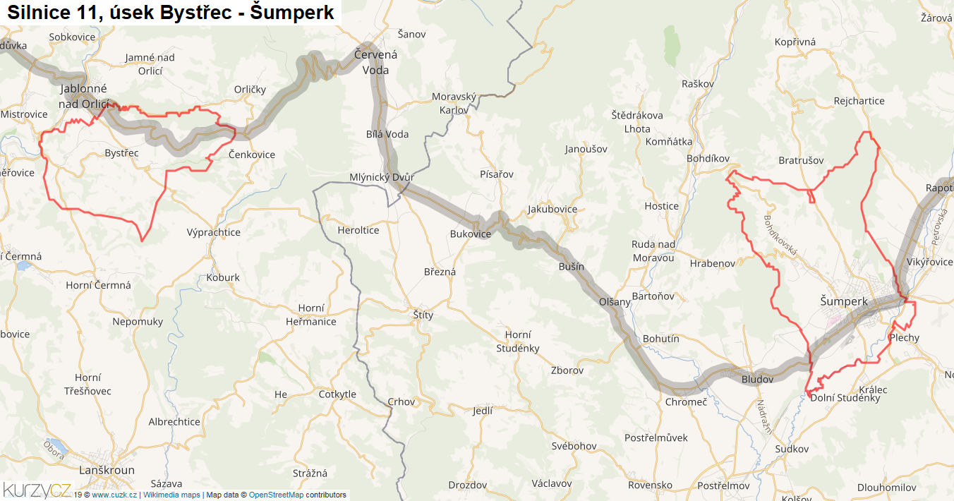 Úsek Bystřec - Šumperk, Silnice 11 - Mapa