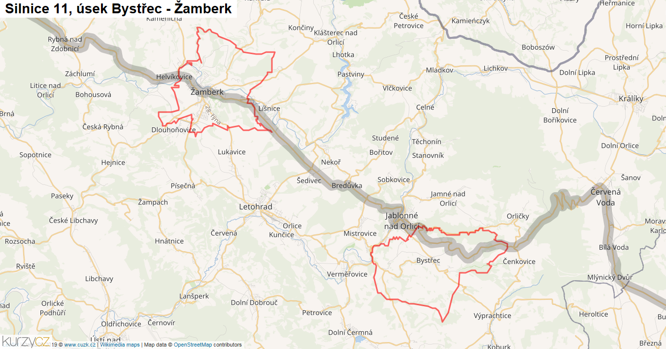 Úsek Bystřec - Žamberk, Silnice 11 - Mapa