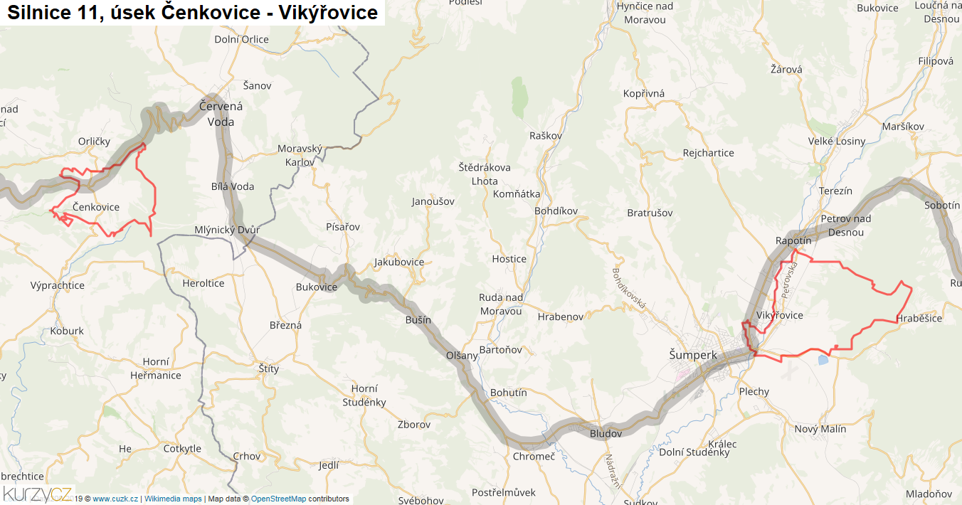 Úsek Čenkovice - Vikýřovice, Silnice 11 - Mapa