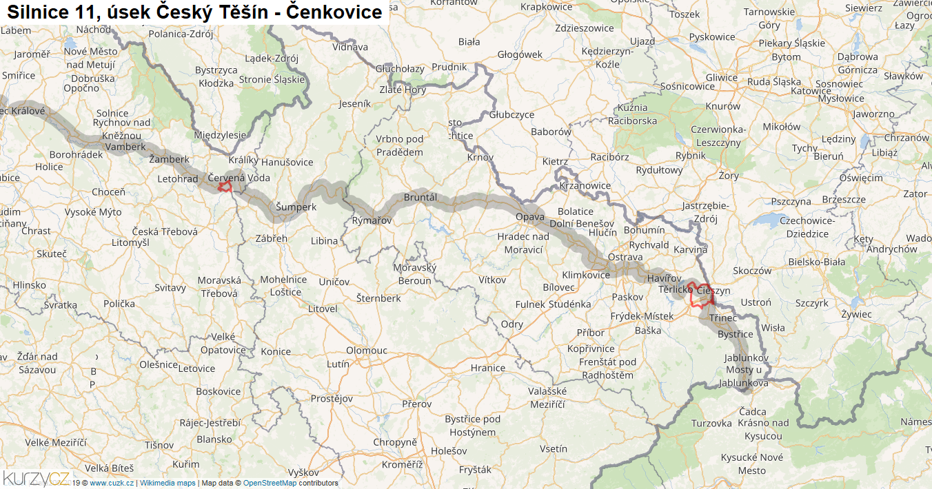 Úsek Český Těšín - Čenkovice, Silnice 11 - Mapa