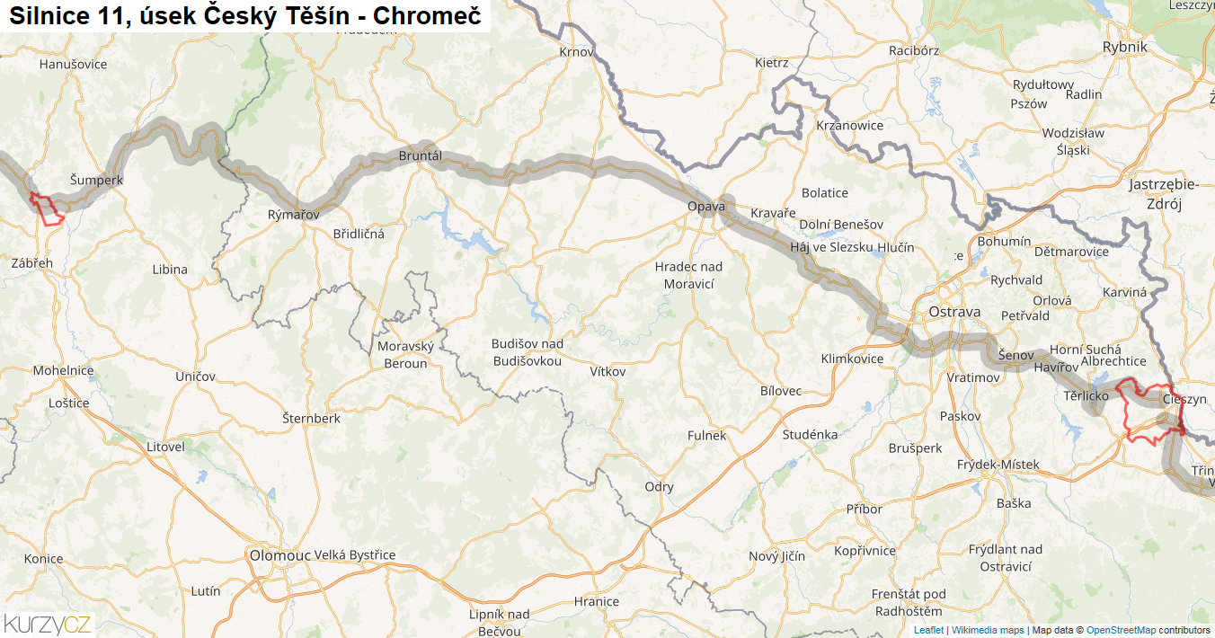 Úsek Český Těšín - Chromeč, Silnice 11 - Mapa