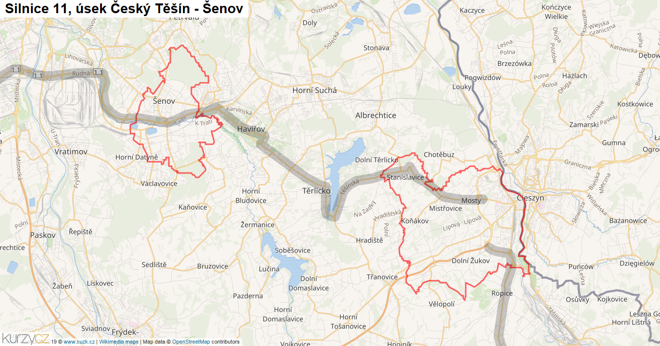 Úsek Český Těšín - Šenov, Silnice 11 - Mapa