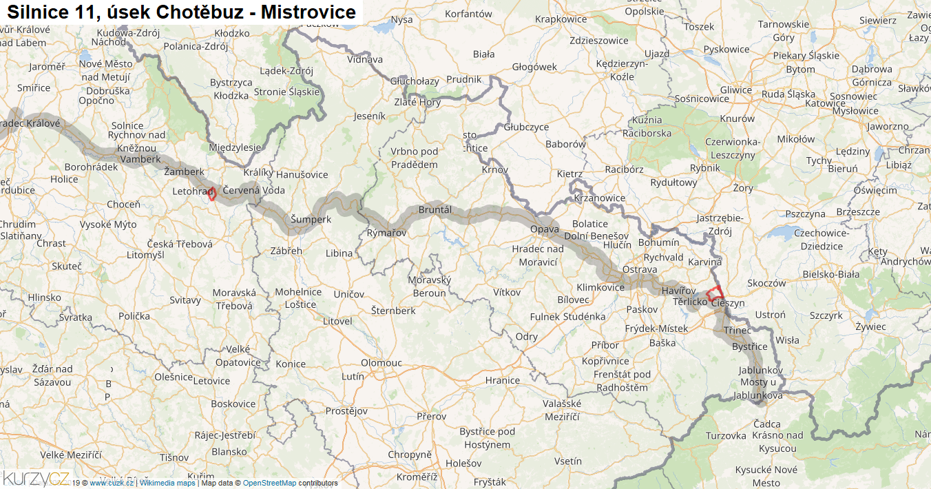 Úsek Chotěbuz - Mistrovice, Silnice 11 - Mapa