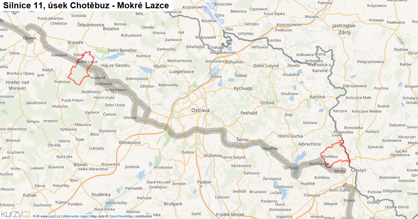 Úsek Chotěbuz - Mokré Lazce, Silnice 11 - Mapa