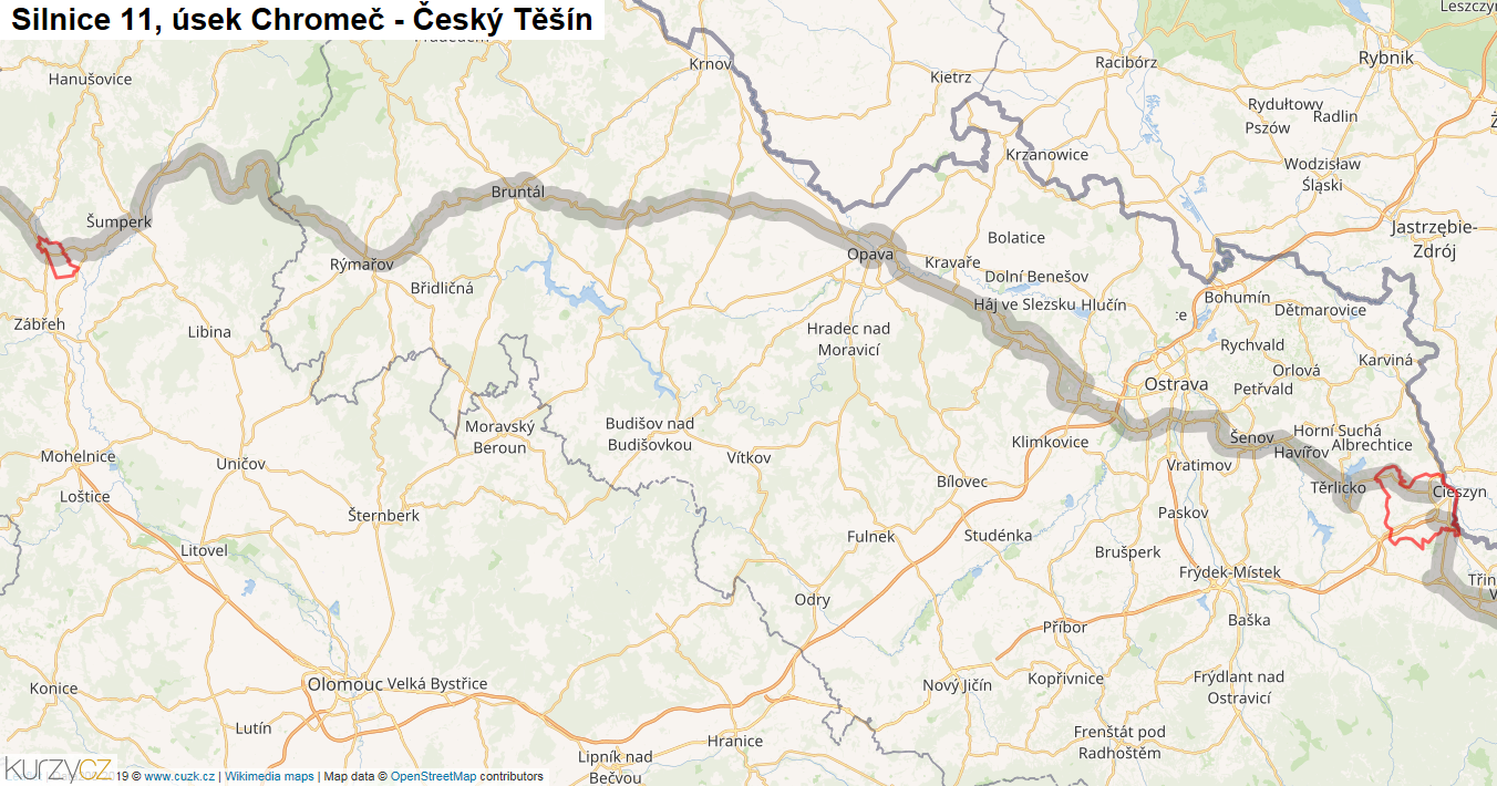 Úsek Chromeč - Český Těšín, Silnice 11 - Mapa