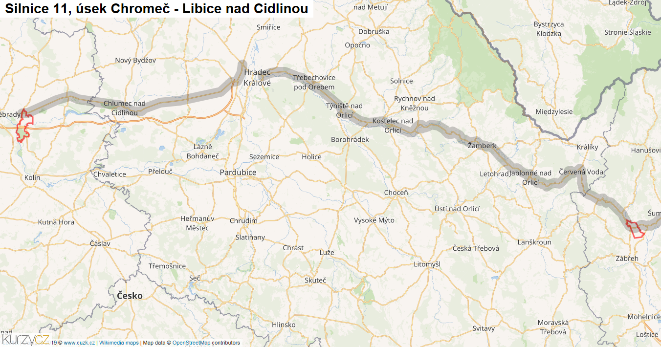 Úsek Chromeč - Libice nad Cidlinou, Silnice 11 - Mapa