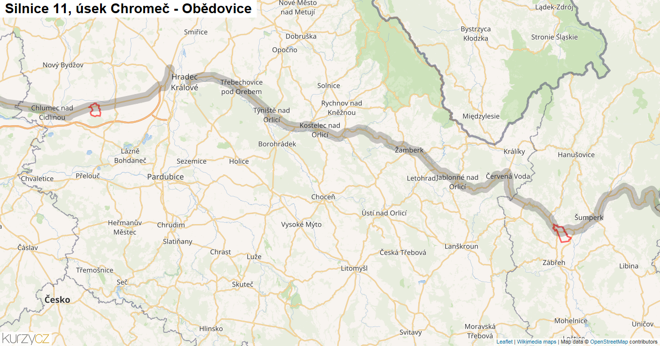 Úsek Chromeč - Obědovice, Silnice 11 - Mapa