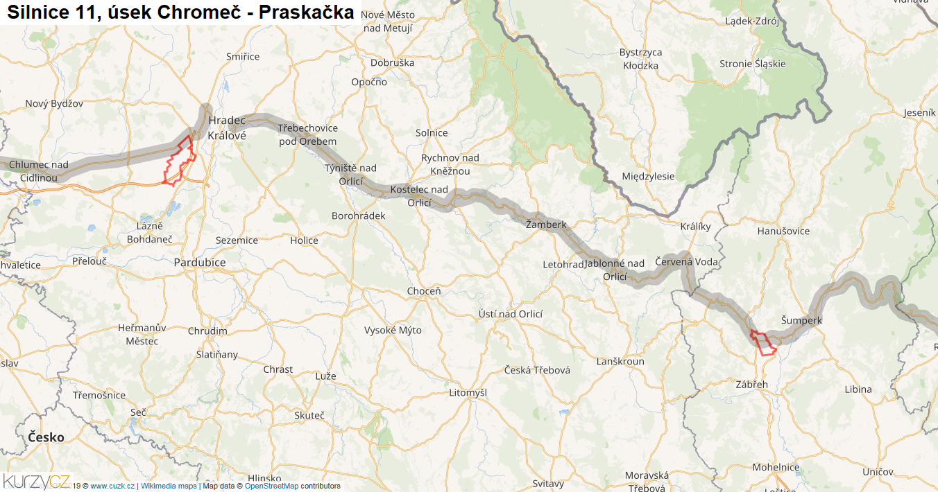 Úsek Chromeč - Praskačka, Silnice 11 - Mapa