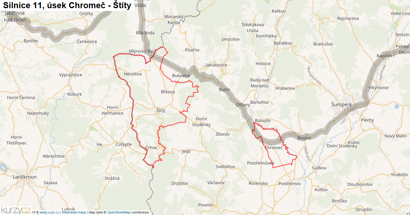 Úsek Chromeč - Štíty, Silnice 11 - Mapa