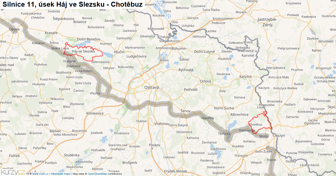 Úsek Háj ve Slezsku - Chotěbuz, Silnice 11 - Mapa