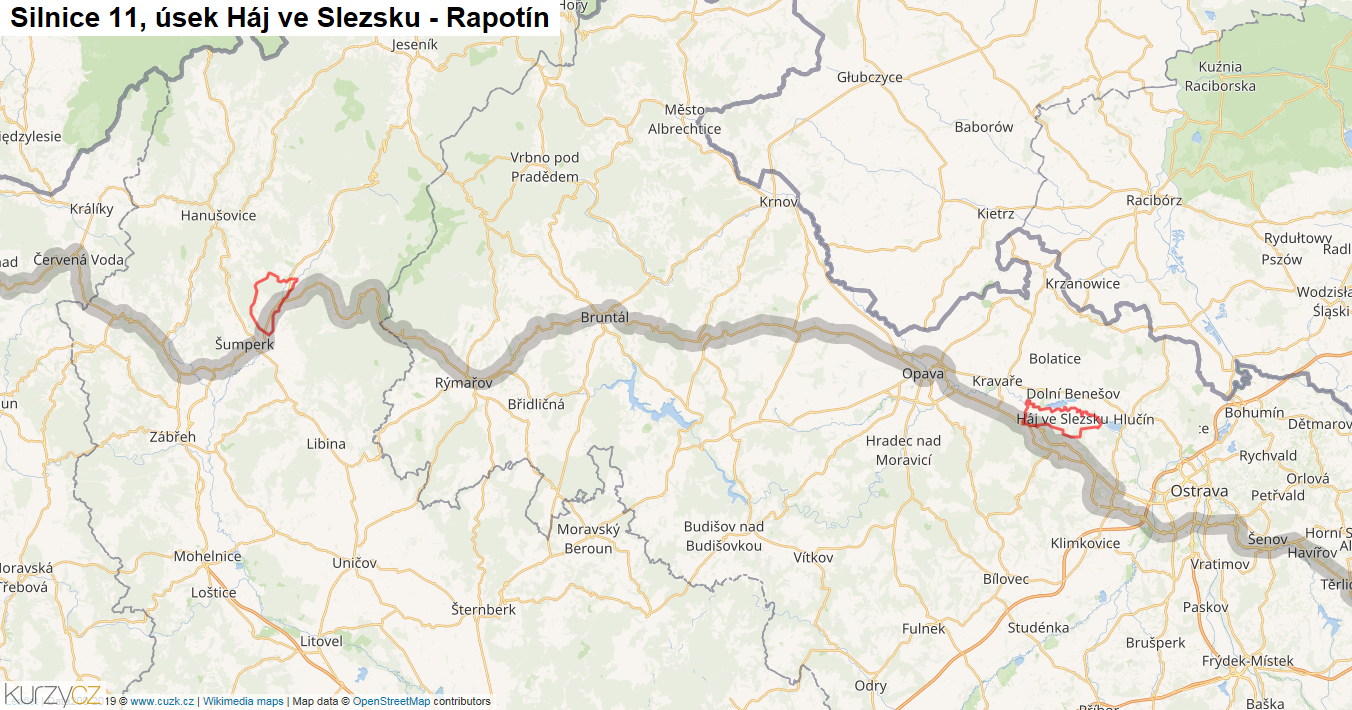Úsek Háj ve Slezsku - Rapotín, Silnice 11 - Mapa