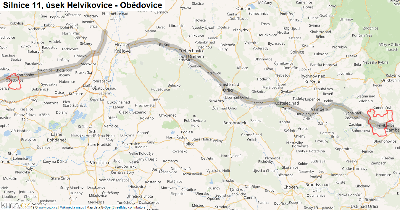 Úsek Helvíkovice - Obědovice, Silnice 11 - Mapa