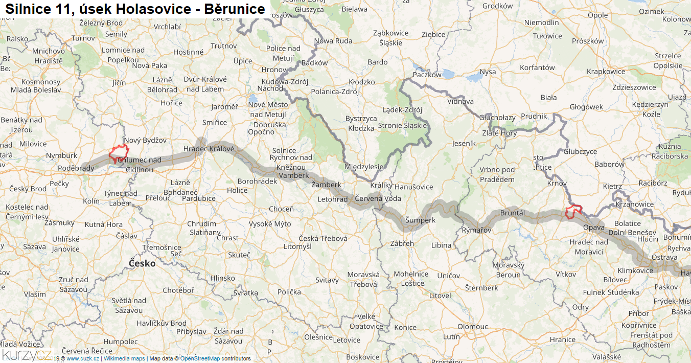 Úsek Holasovice - Běrunice, Silnice 11 - Mapa