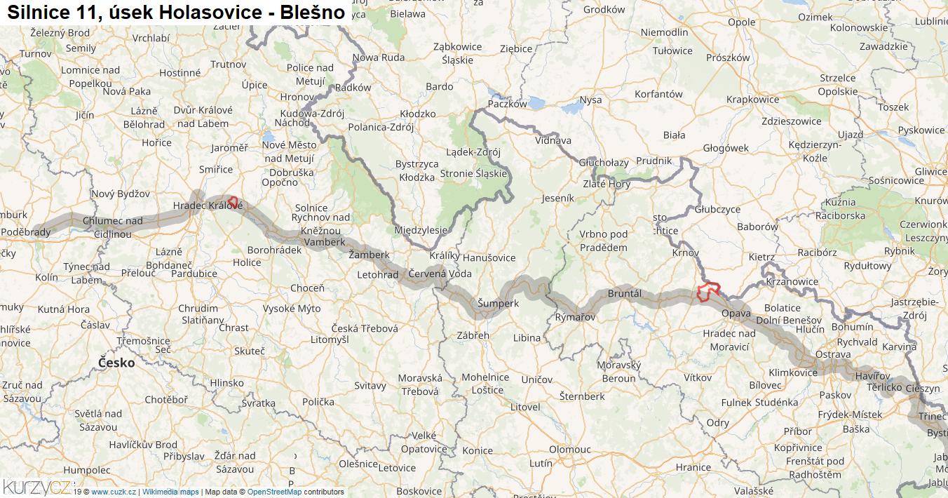 Úsek Holasovice - Blešno, Silnice 11 - Mapa