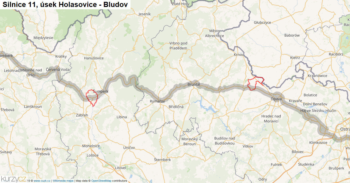 Úsek Holasovice - Bludov, Silnice 11 - Mapa