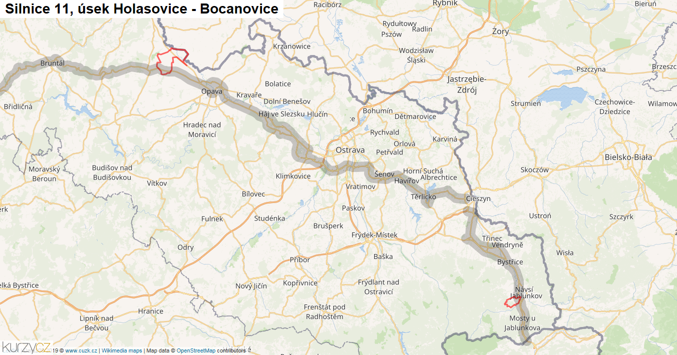 Úsek Holasovice - Bocanovice, Silnice 11 - Mapa