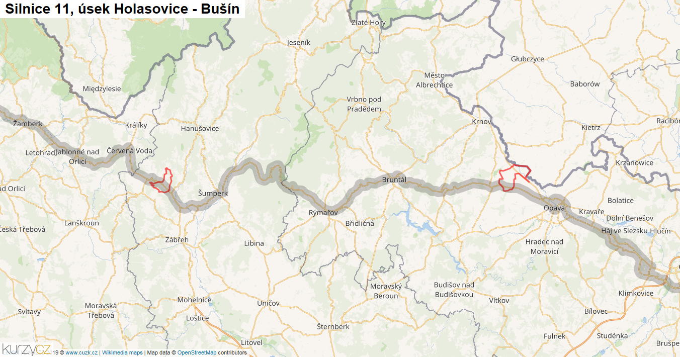 Úsek Holasovice - Bušín, Silnice 11 - Mapa