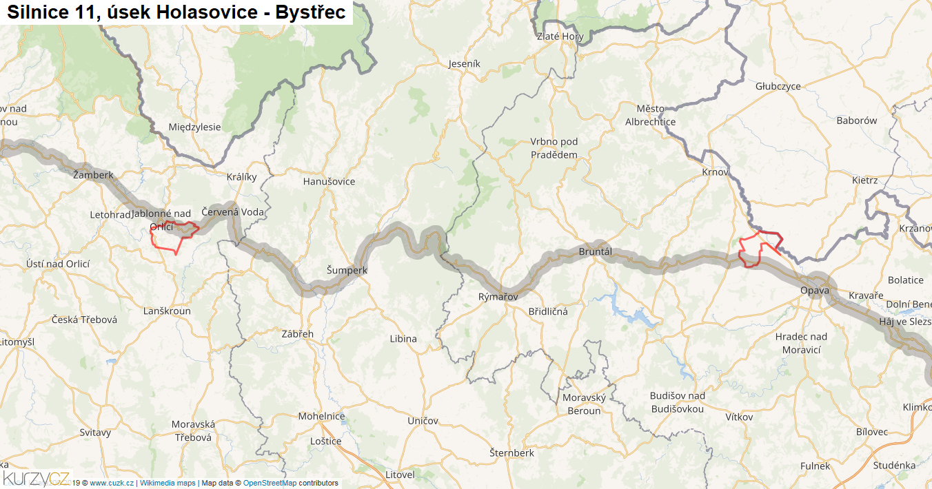 Úsek Holasovice - Bystřec, Silnice 11 - Mapa