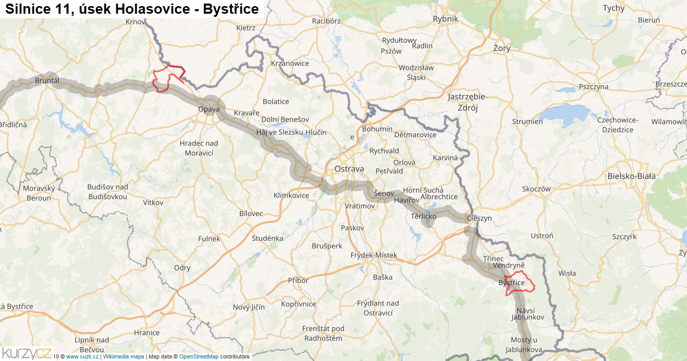 Úsek Holasovice - Bystřice, Silnice 11 - Mapa