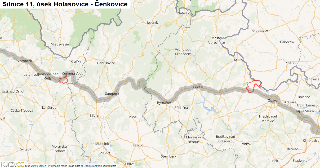 Úsek Holasovice - Čenkovice, Silnice 11 - Mapa