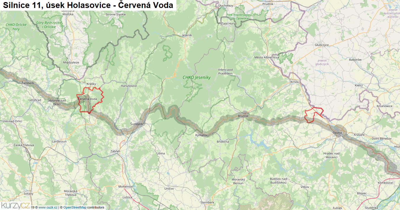Úsek Holasovice - Červená Voda, Silnice 11 - Mapa