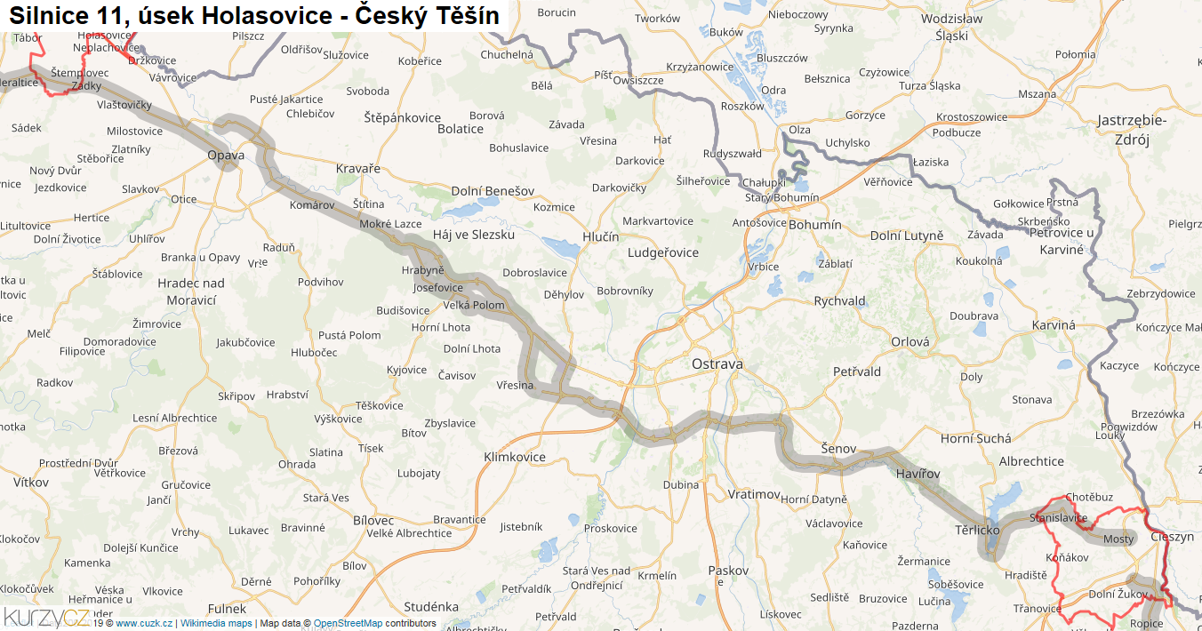 Úsek Holasovice - Český Těšín, Silnice 11 - Mapa