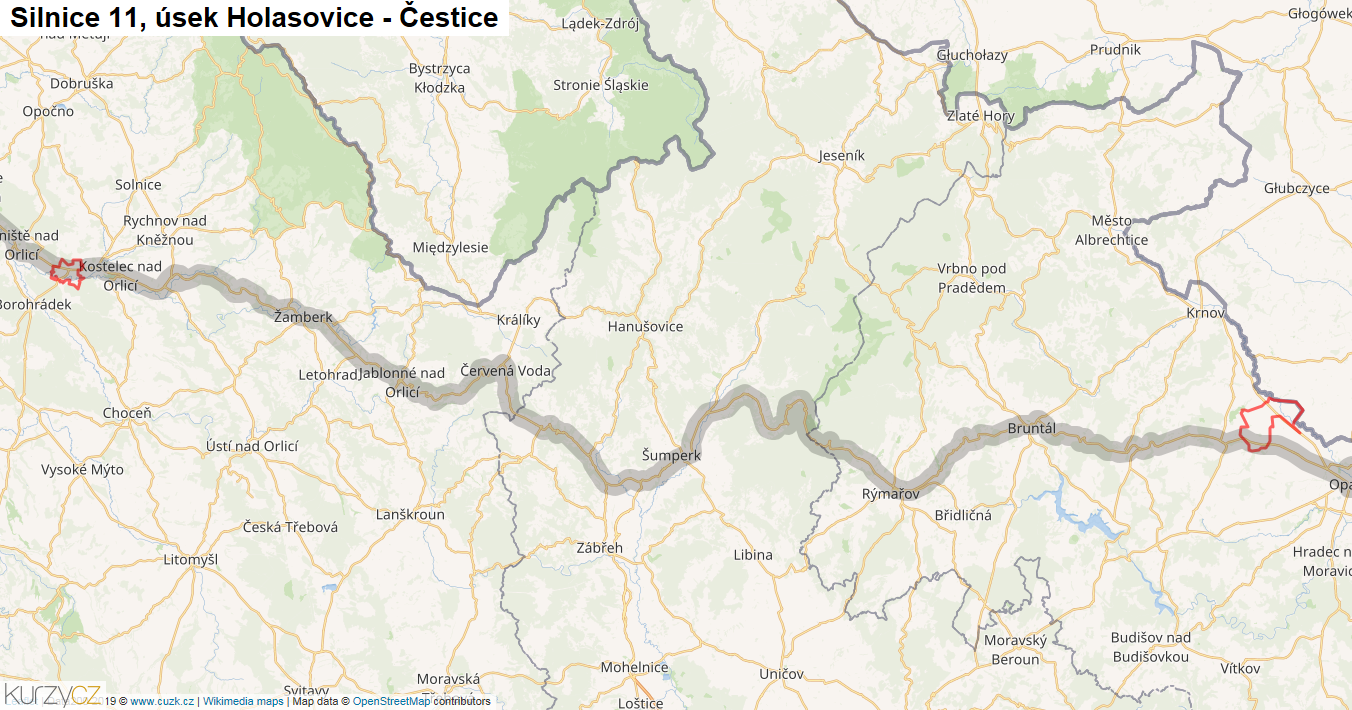 Úsek Holasovice - Čestice, Silnice 11 - Mapa