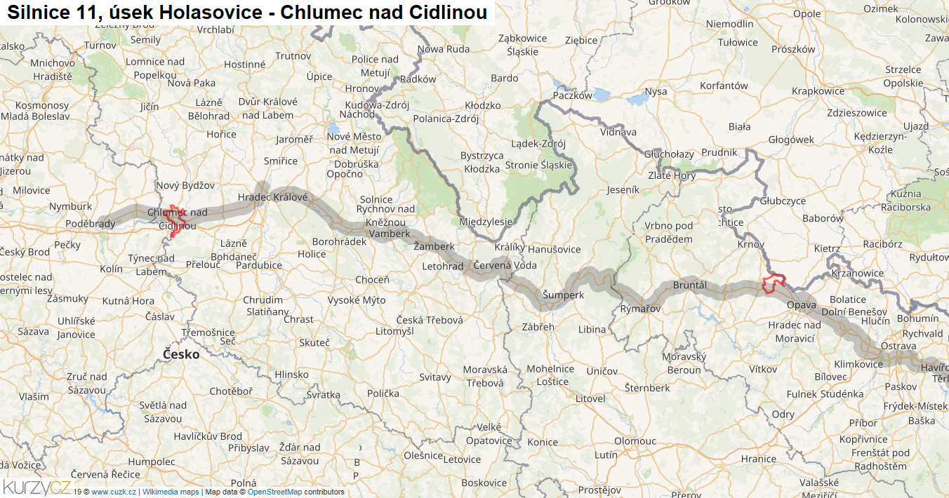 Úsek Holasovice - Chlumec nad Cidlinou, Silnice 11 - Mapa