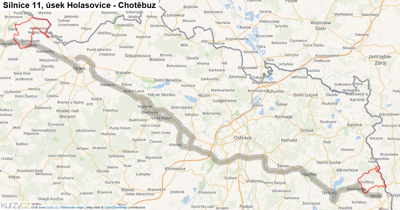 Úsek Holasovice - Chotěbuz, Silnice 11 - Mapa