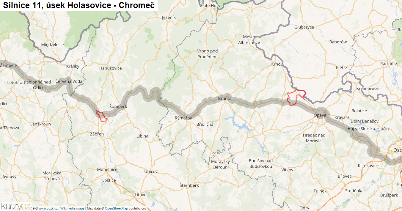 Úsek Holasovice - Chromeč, Silnice 11 - Mapa