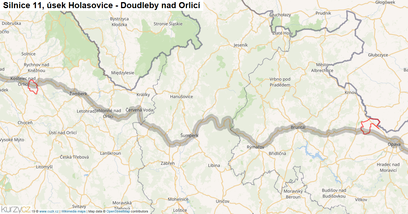 Úsek Holasovice - Doudleby nad Orlicí, Silnice 11 - Mapa