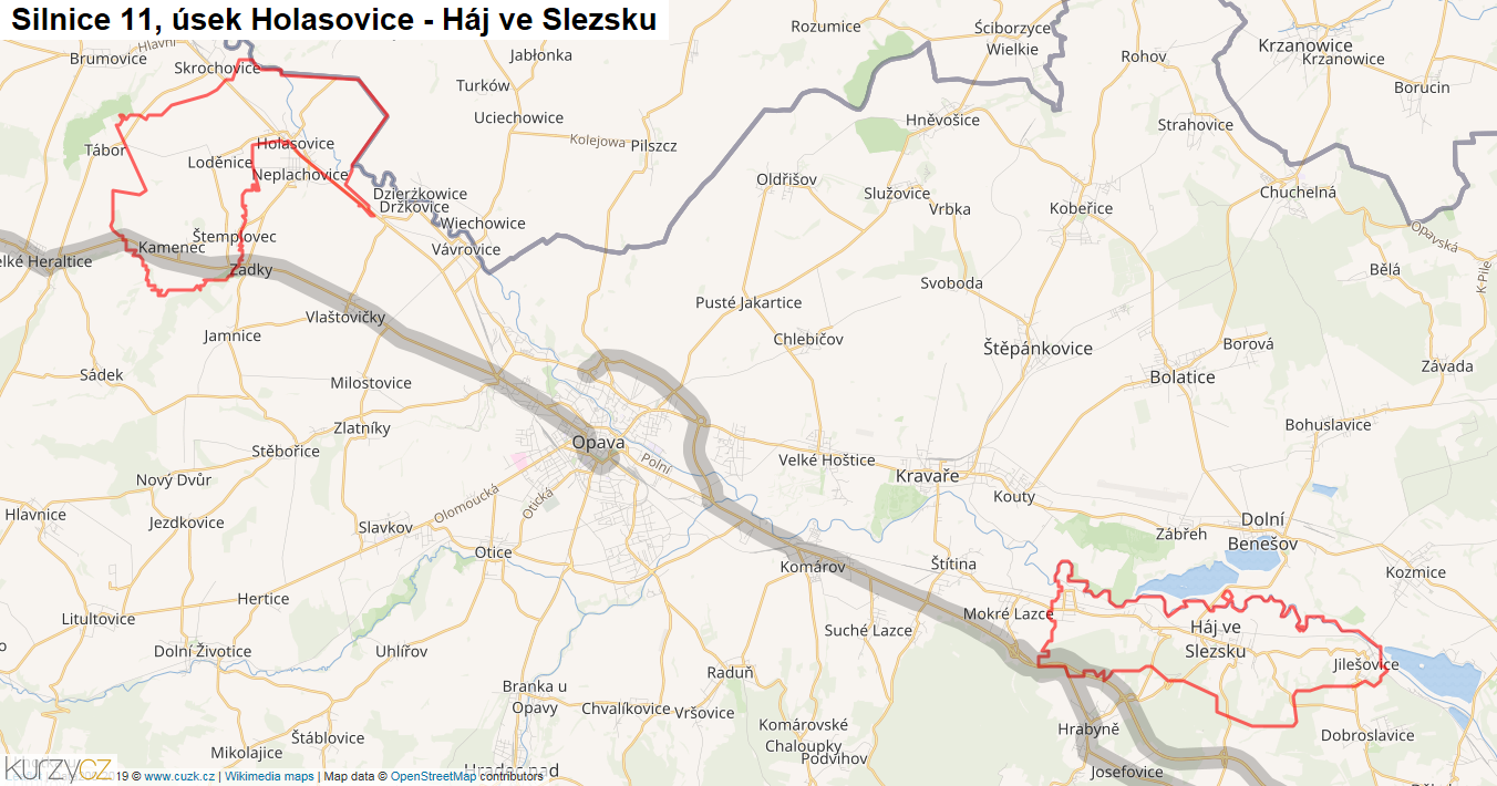 Úsek Holasovice - Háj ve Slezsku, Silnice 11 - Mapa