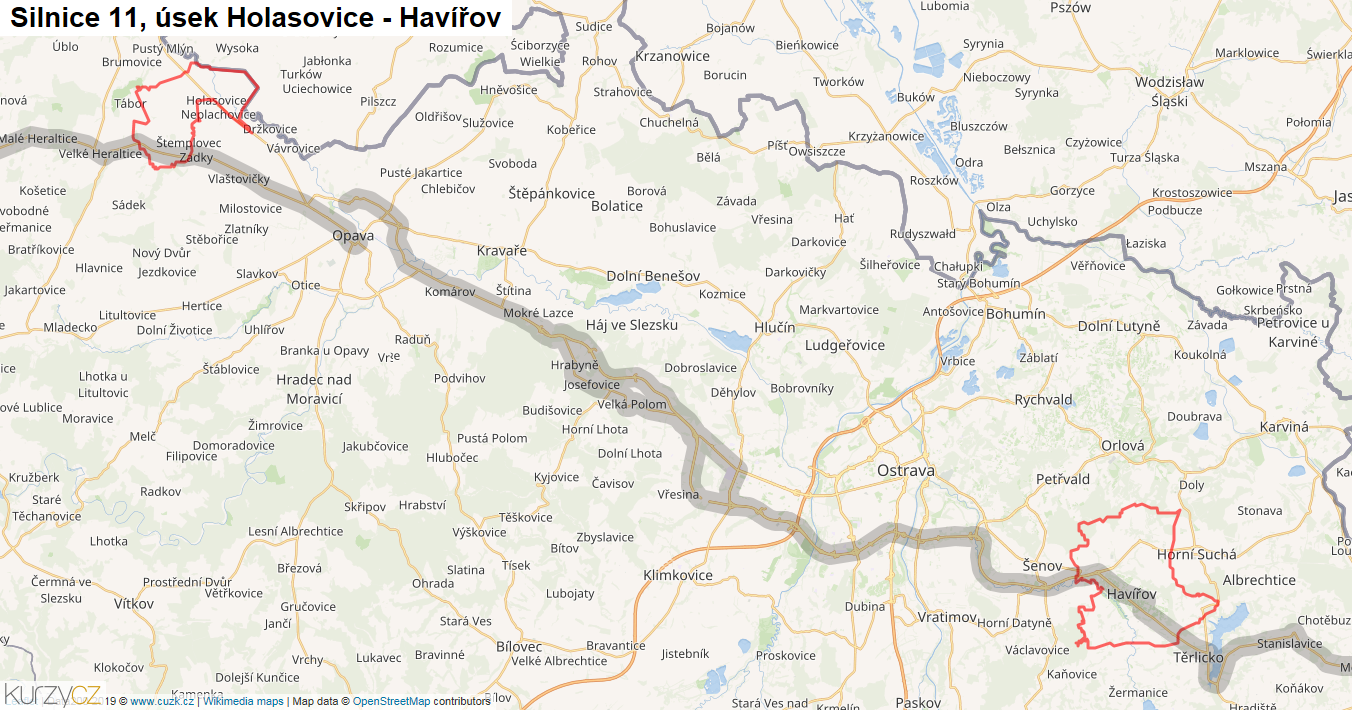 Úsek Holasovice - Havířov, Silnice 11 - Mapa
