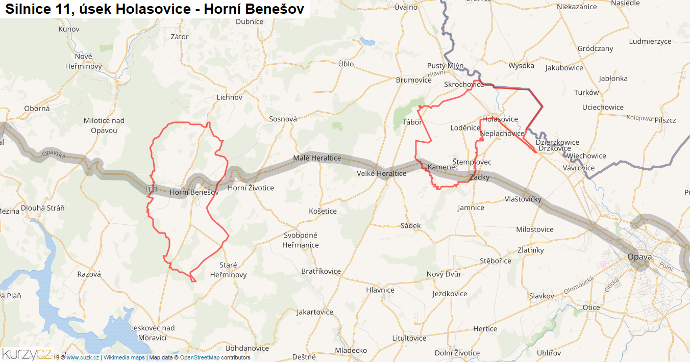 Úsek Holasovice - Horní Benešov, Silnice 11 - Mapa