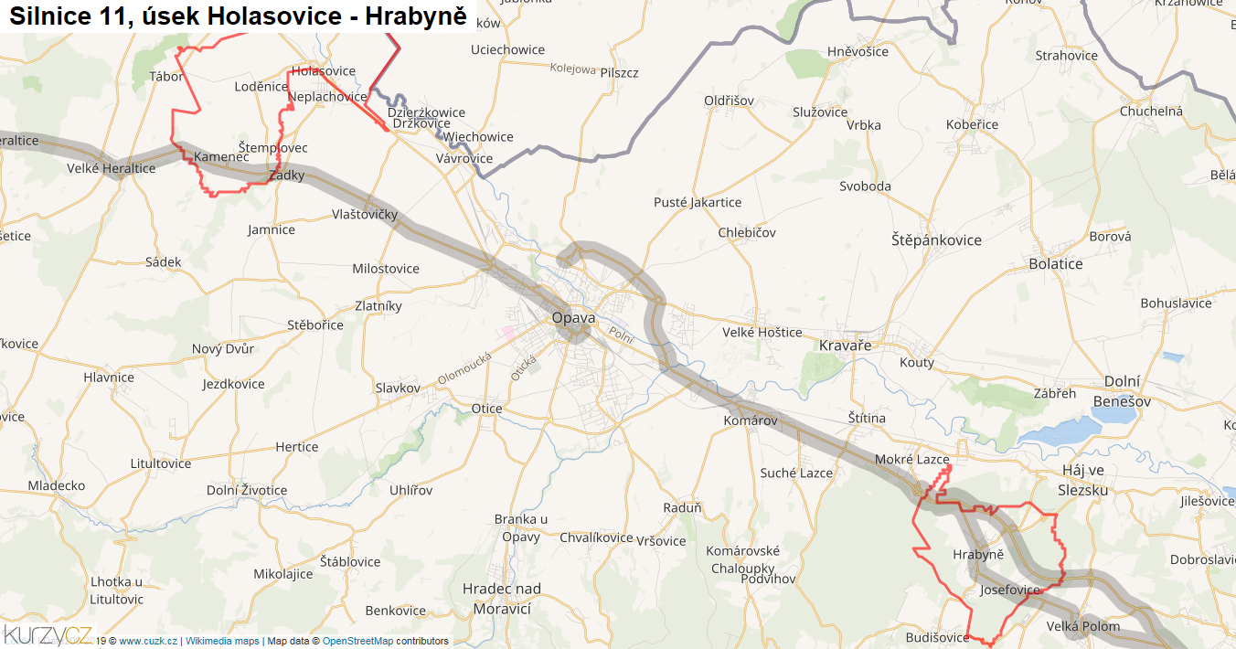 Úsek Holasovice - Hrabyně, Silnice 11 - Mapa