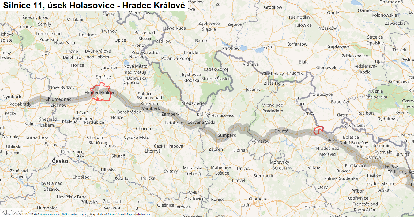 Úsek Holasovice - Hradec Králové, Silnice 11 - Mapa