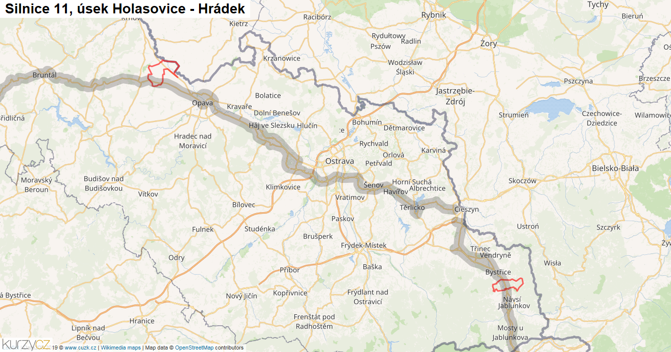 Úsek Holasovice - Hrádek, Silnice 11 - Mapa