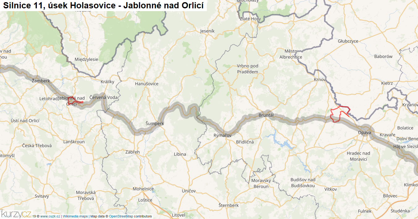 Úsek Holasovice - Jablonné nad Orlicí, Silnice 11 - Mapa